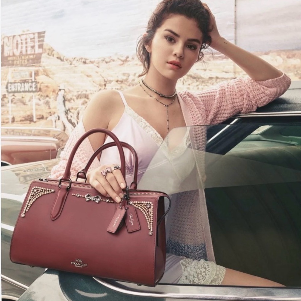 Coach x Selena Gomez Bond Bag in burgundy refined calf leather with crystals